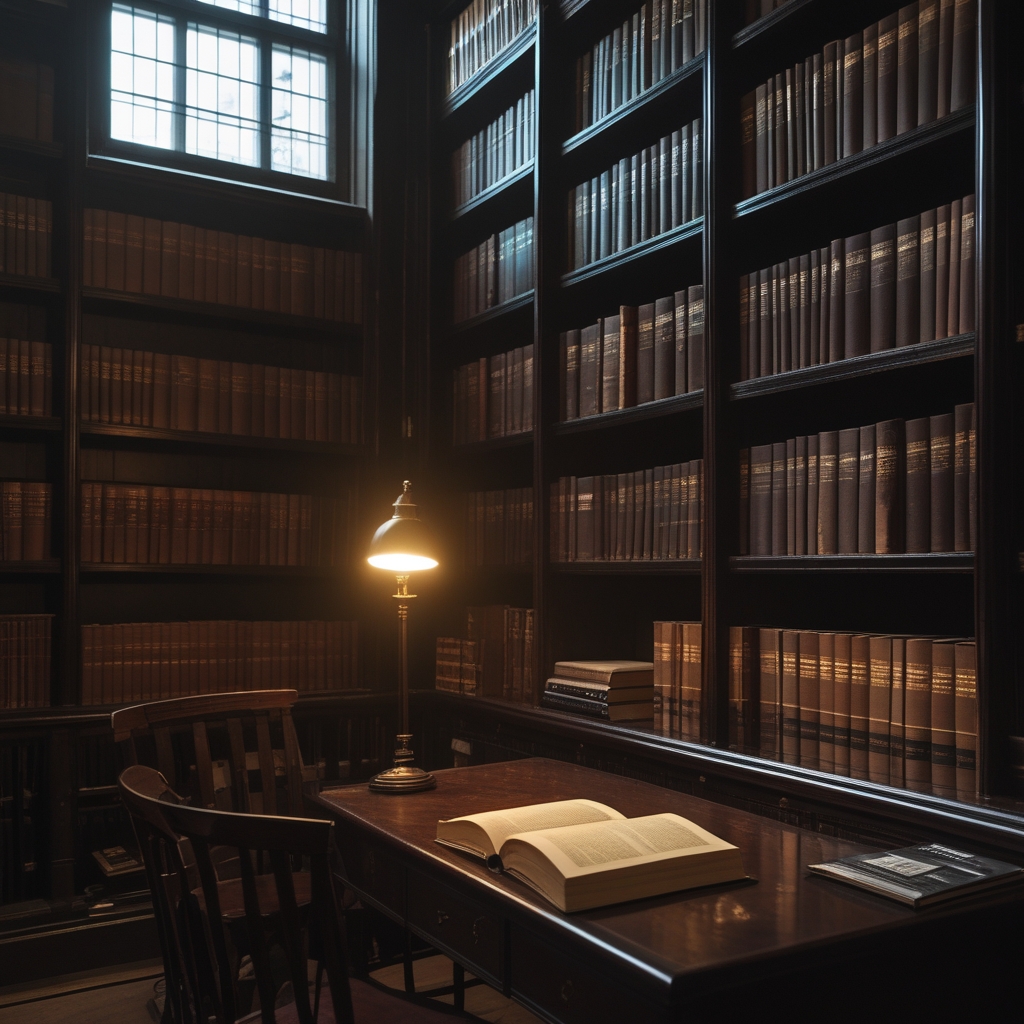 Quiet reading room with dark wooden shelves full of books, a single lamp casting warm focused light onto an open book on a desk, suggesting deep intellectual inquiry and knowledge