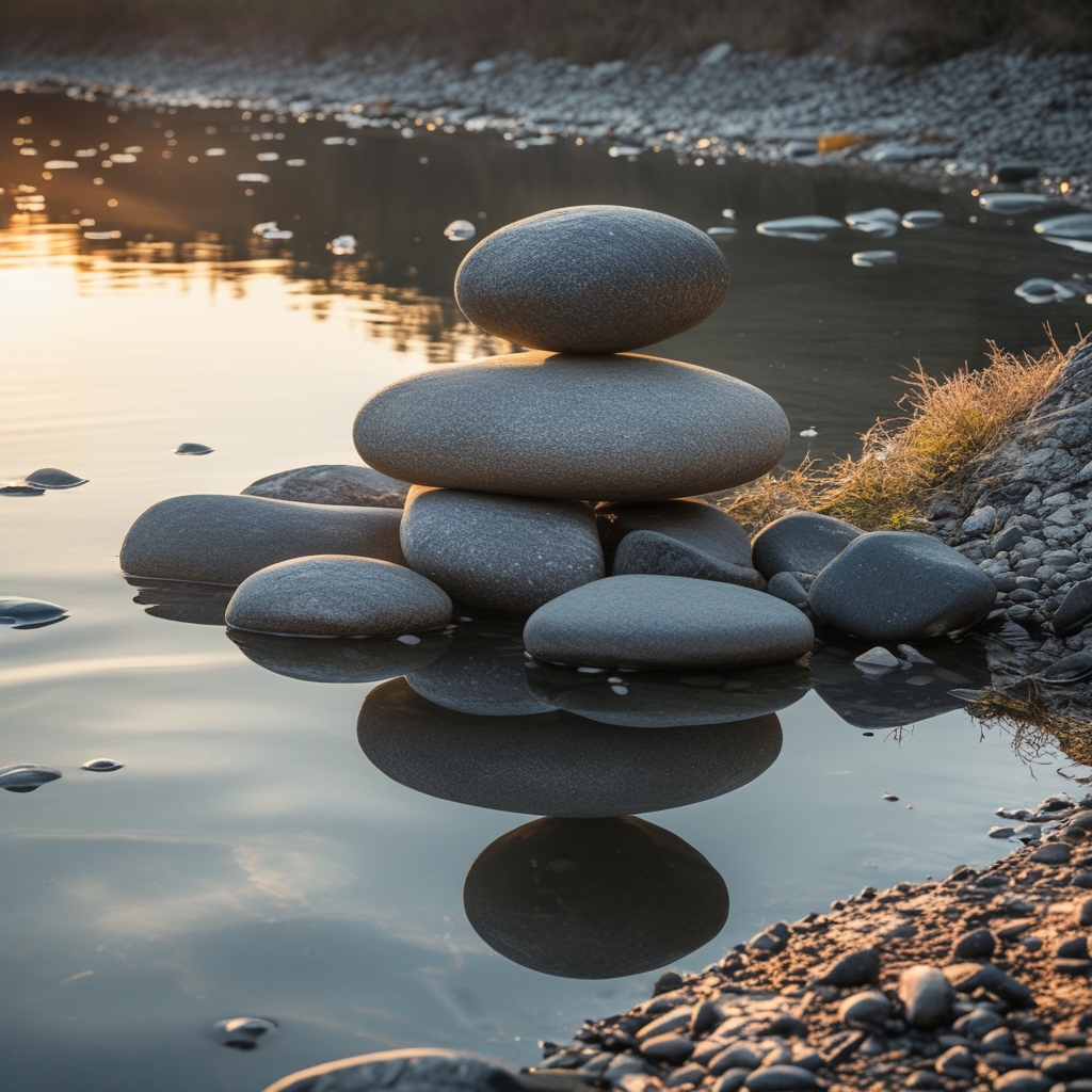 Abstract composition of smooth river stones arranged in a balanced pile beside calm water, soft natural light reflecting on the surface, representing equilibrium and grounded physical awareness