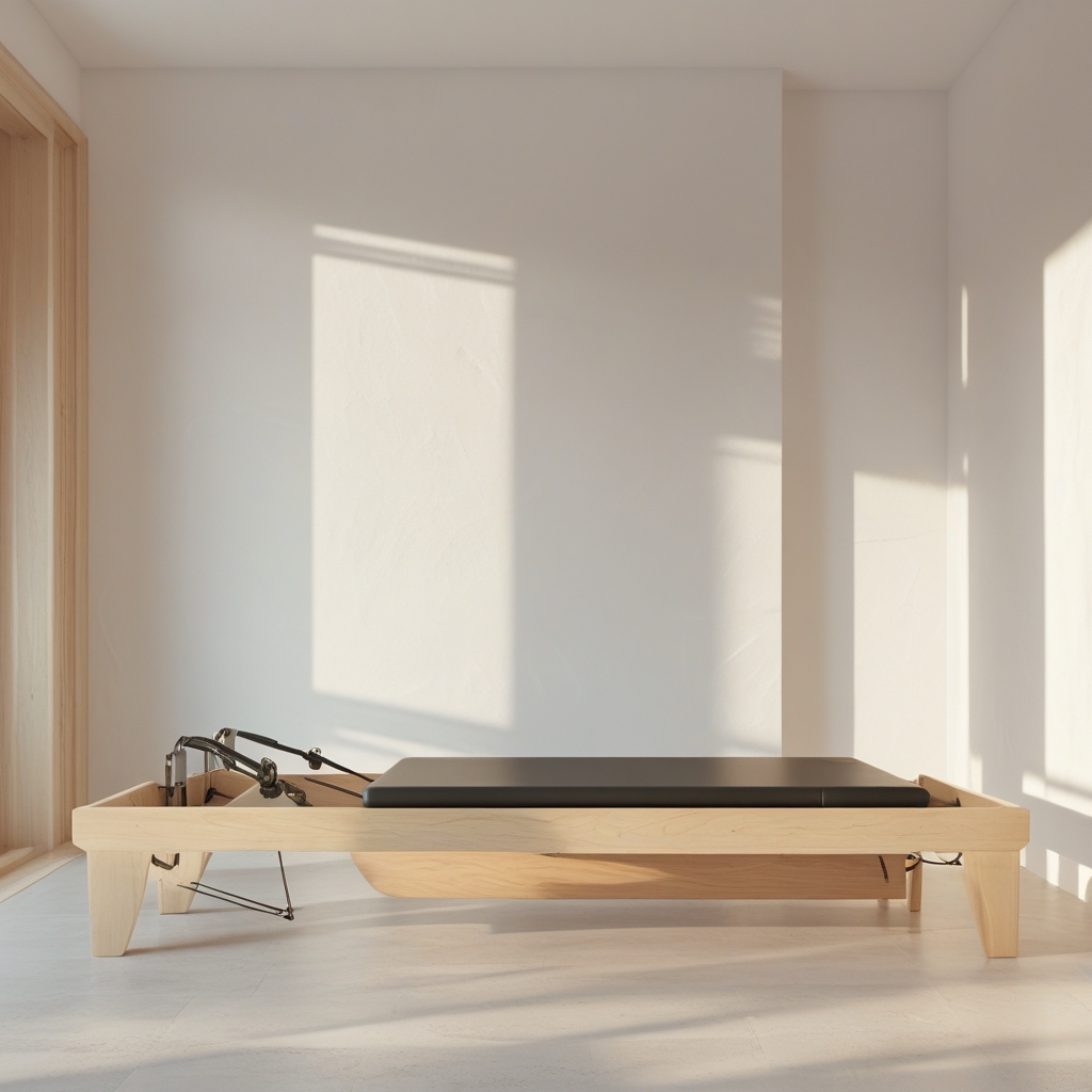 Clean and bright Pilates reformer in an airy studio with white walls and light wooden accents, soft shadows creating depth, representing controlled body conditioning environment