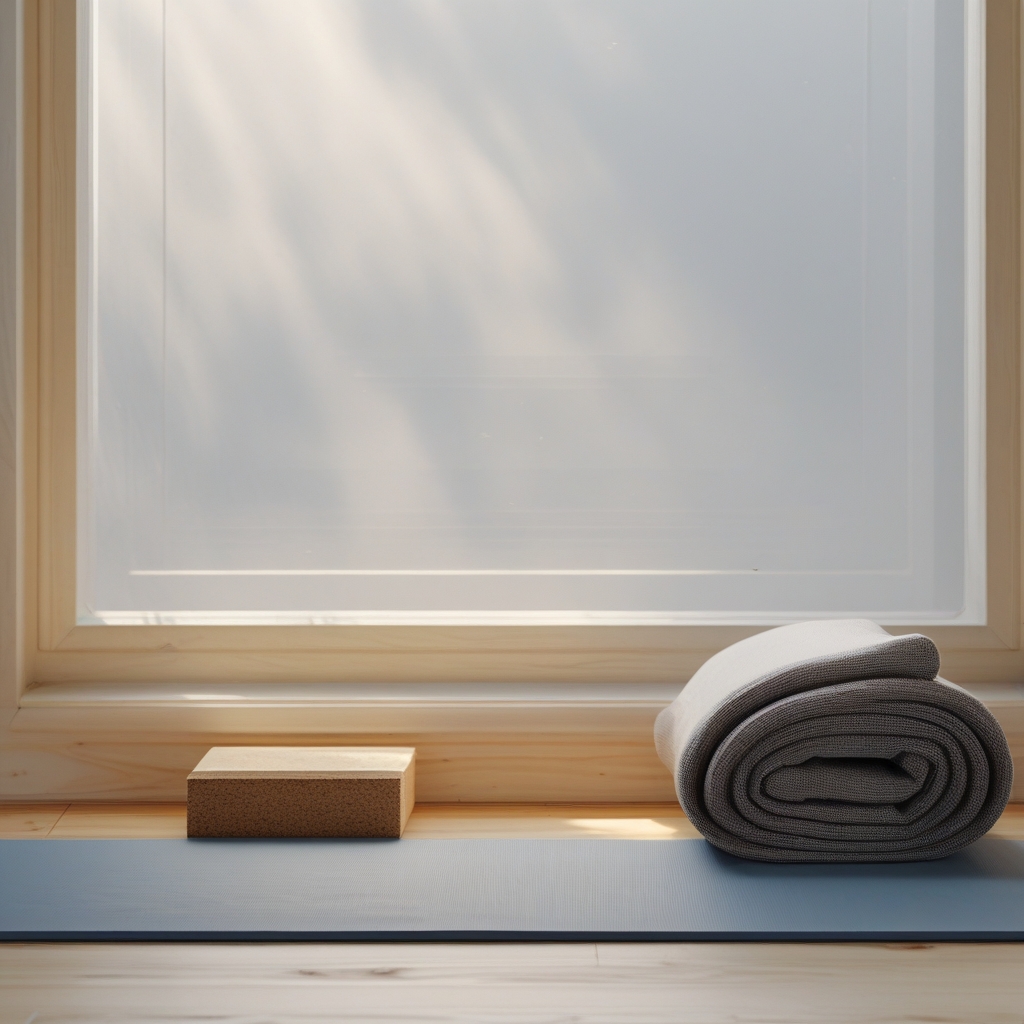 Peaceful yoga mat on a smooth wooden floor beside a large window with soft diffused daylight, folded blanket and cork block beside it, suggesting gentle mindful movement practice