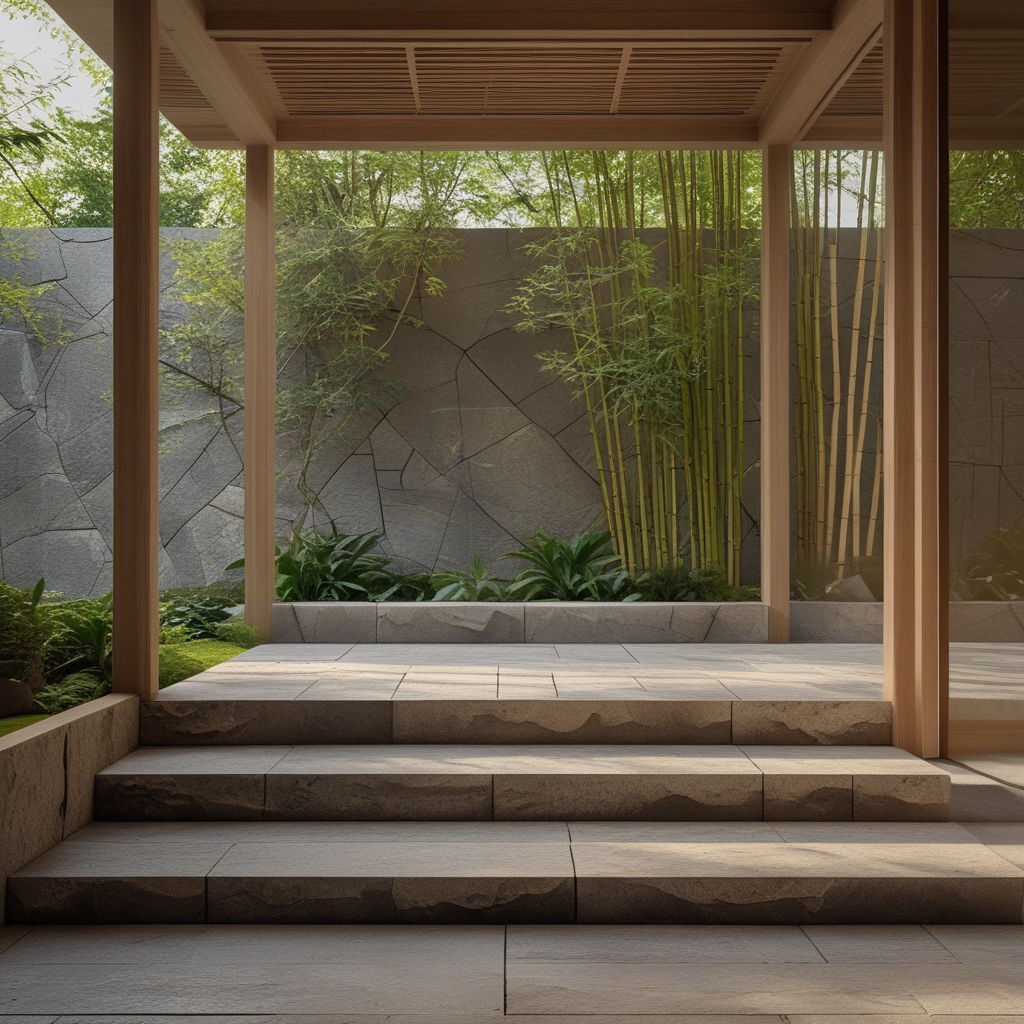 Tranquil outdoor space with stone steps leading to a zen garden, surrounded by bamboo, soft natural daylight, symbolizing balance and grounded physical presence