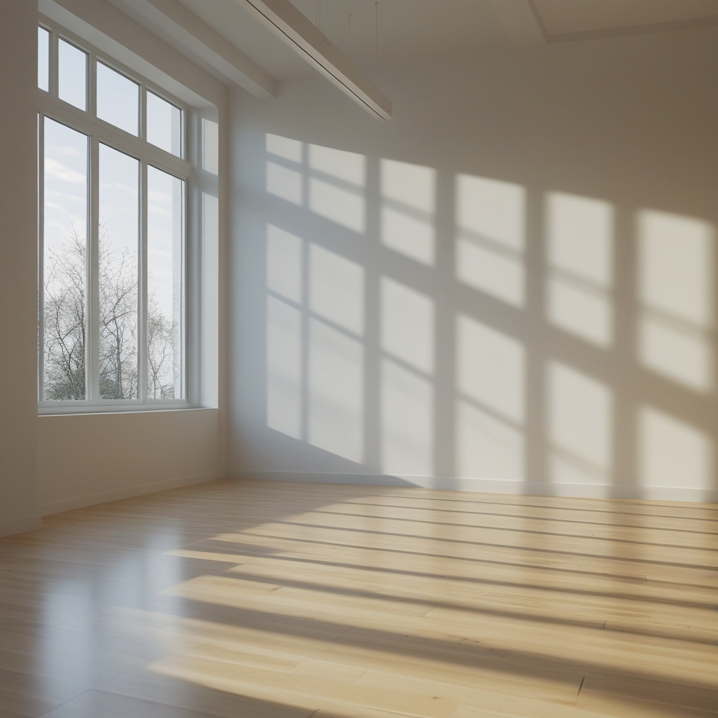 Calm minimalist studio interior with large windows, morning light falling across a clean wooden floor, creating long geometric shadow patterns suggesting a space of quiet physical practice