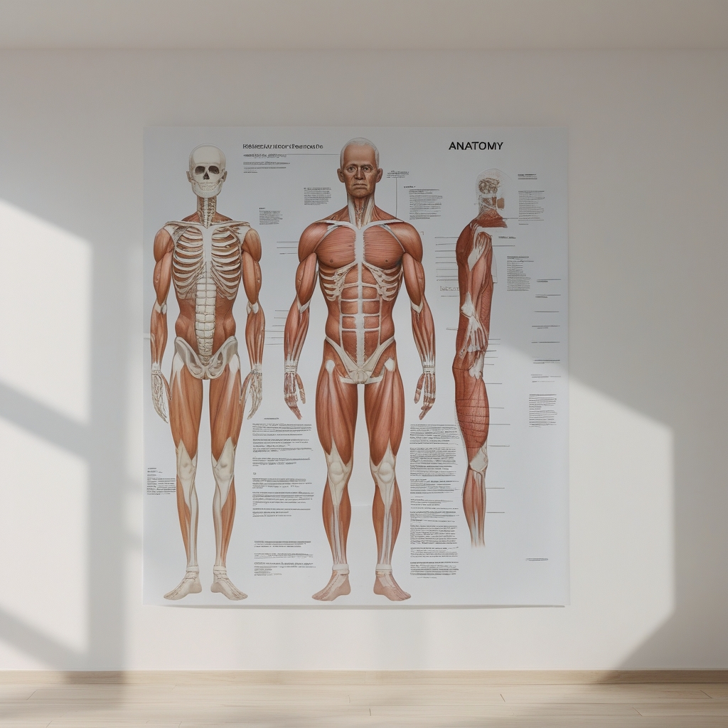 Detailed anatomical illustration chart on a white wall in a bright educational setting, showing skeletal and muscular layers of the human body, neutral academic context