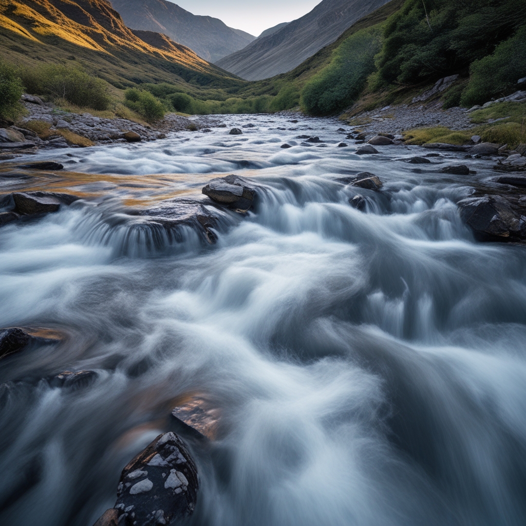 Long exposure photograph of flowing water in a mountain stream, silky smooth motion captured with slow shutter speed, symbolizing continuous fluid movement and natural flow